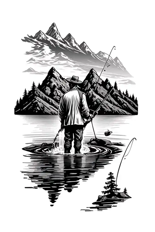 Pan Lets With Mountains Waterfall Man Fishing