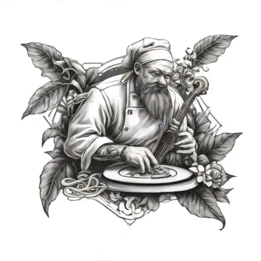 A Tattoo Of A Statue Of A Chef Surrounded By Nature And Musical Instruments
