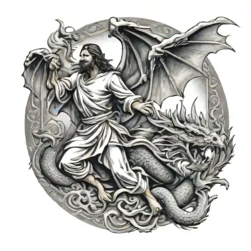 Jesus Defeating A Dragon In A Epic Showdown