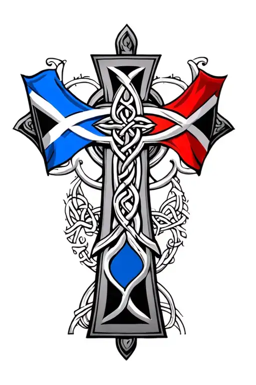 Celtic Cross With Tri Coloure And Scotland Flag