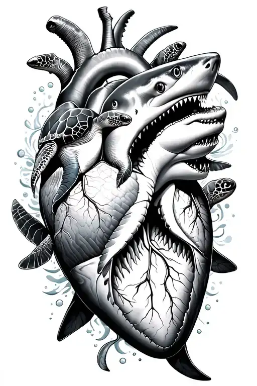 Great White Sharks And Sea Turtles Circling An Ocean Themed Human Heart