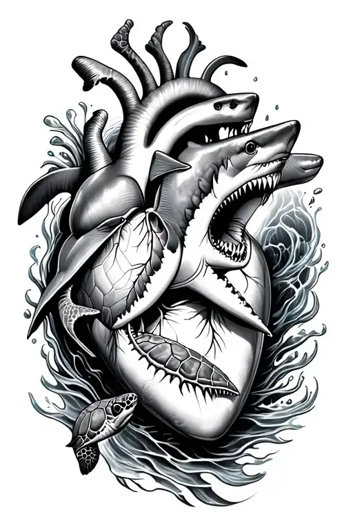 Great White Shark And Sea Turtle Swimmimg Circling An Ocean Themed Human Heart
