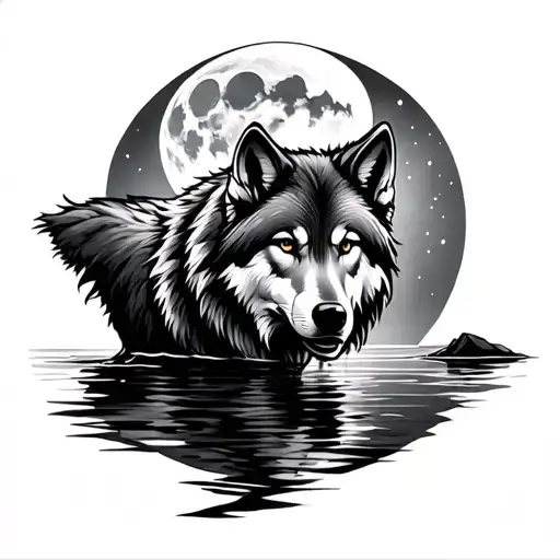 Wolf Infront Of Water With Moon In Background