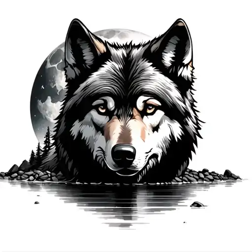 Wolf Standing In Gravel Infront Of Water With Moon In Background
