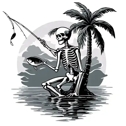 Skeleton Leaning On Palm Tree Fishing For A Skeleton Fish