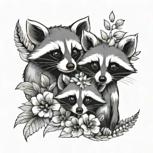 2 Cute Racoon Heads Surrounded By Poppys And Lily Of The Valleys