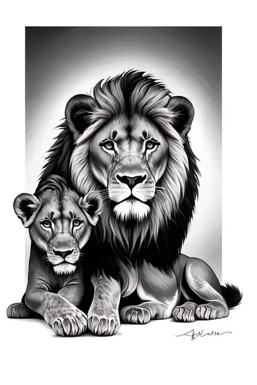 Lion And Lioness And Cub