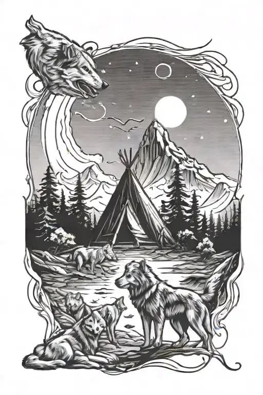 A Serene Camping Scene With A Pack Of Dogs And Wolves Howling At The Moon