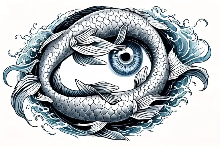 Twin Koi Fish Circling An Eye Surrounded In Waves