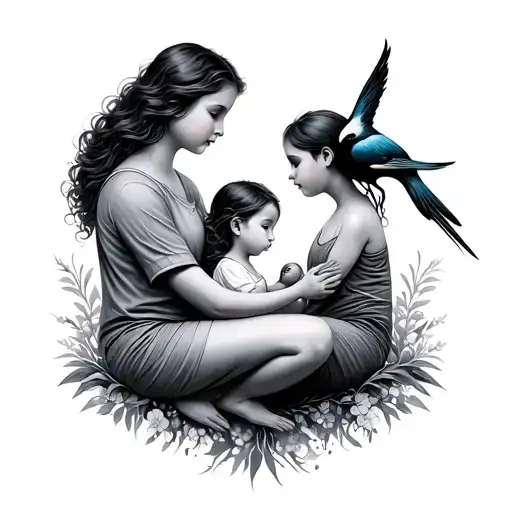 Mom And Children Huming Birds