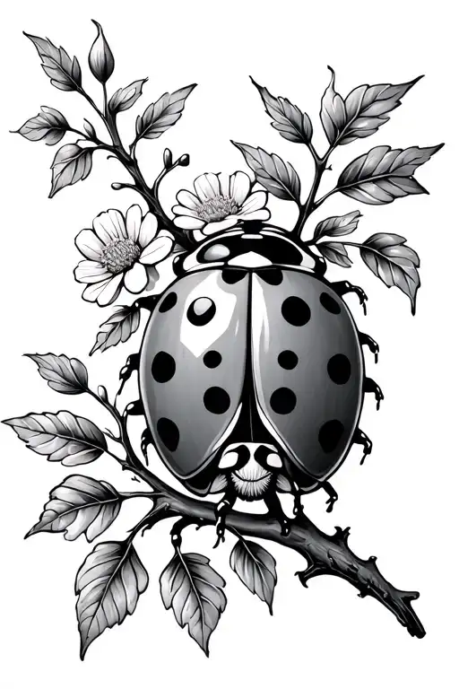 Ladybug On A Tree Branch With Flowers And Leafs Growing