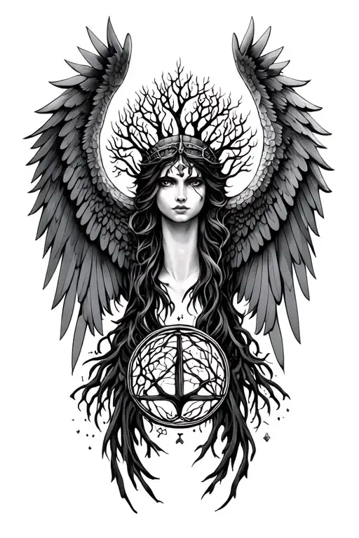 Valkyrie Wings And Tree Of Life Intertwined
