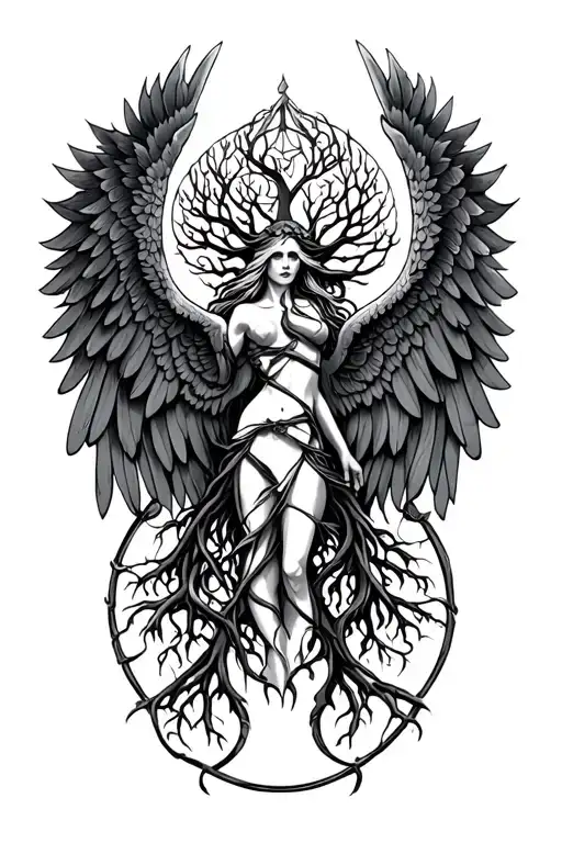 Valkyrie Wings And Tree Of Life Intertwined