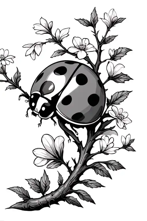 Ladybug On A Tree Branch With Flowers And Leafs Growing