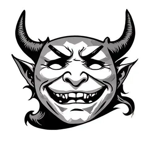 A Sad Face That Is Covered By A Cheerful Mask Of A Demon On