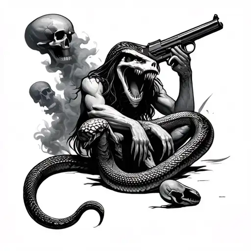 Gorrlia Sat In Jungle With Snake With A Gun In Its Mouth And Smoke With Skulls Floating In Smoke