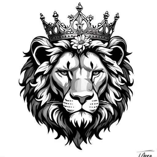 Stern Lion Face With Crown Surronded By Flowers