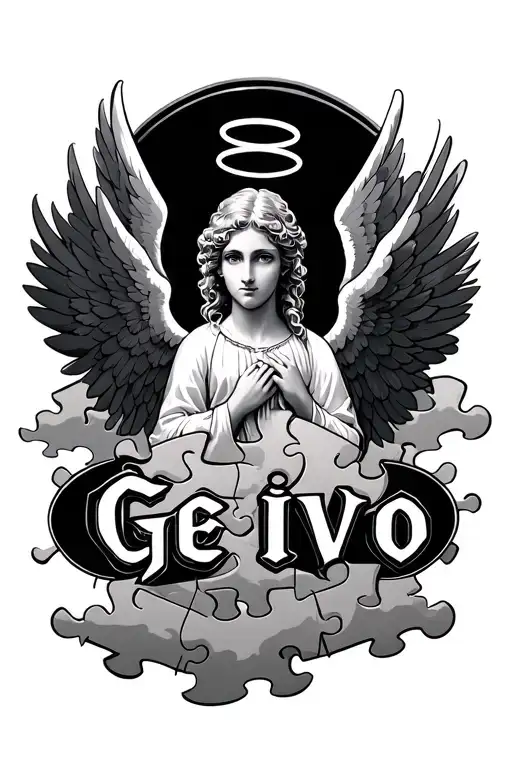 The Name Geivo In Puzzle Pieces With Angel Wings And Halo And Clouds In The Back Ground