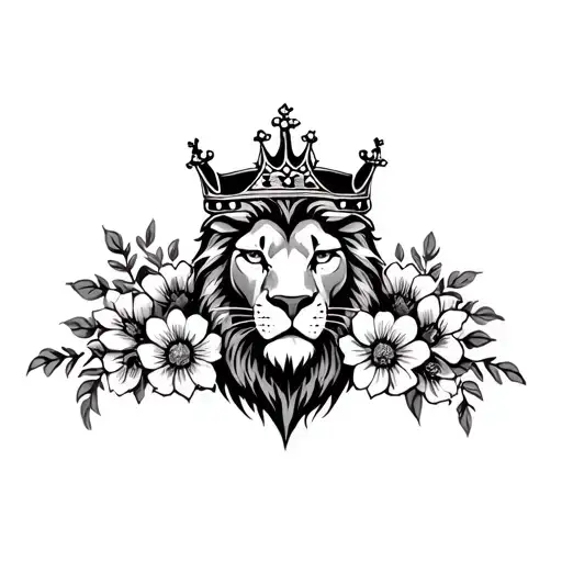 Stern Lion Face With Crown Surronded By Flowers Coming