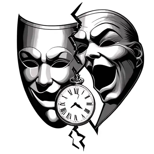 Happy And Sad Theatre Masks With A Broken Clock In The Middle