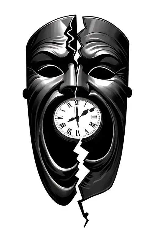 Happy And Sad Theatre Masks With A Broken Clock In The Middle
