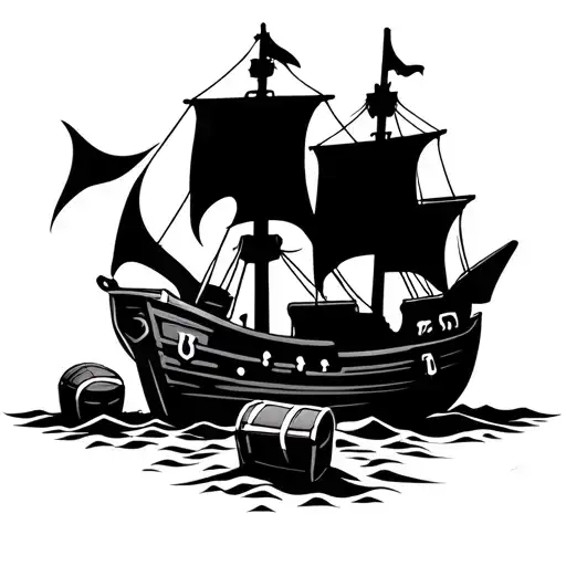 Broken Ship With Barrels And Treasure Chest