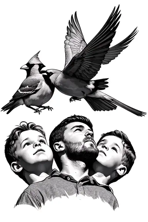 Dad With Two Sons Looking Up At Two Cardinals Flying