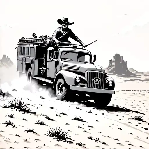 A Silhouette Of A Cowboy Riding A Fire Truck Through A Desert Landscape