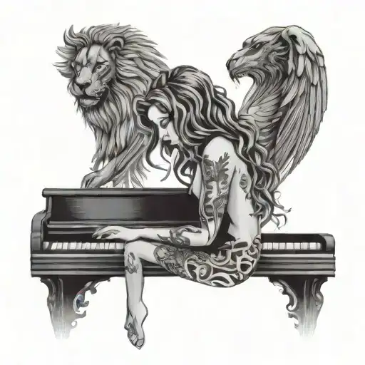 A Woman With A Lion Head Playing Piano Keys With Devil And Angel Silhouettes In The Background