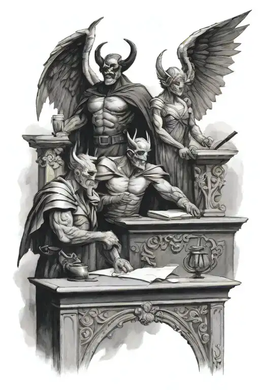 A Courtroom Scene With A Devil As The Judge And An Angel As The Lawyer