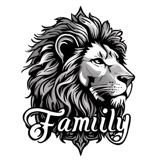 Lions Head With A Filigree Back Ground And The Word Family