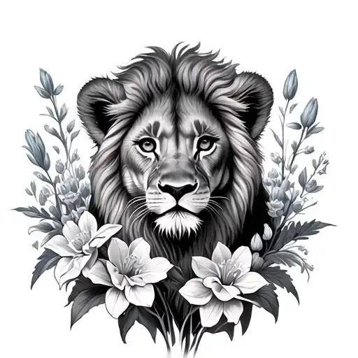 Lion Cub Surround By Delphiniums