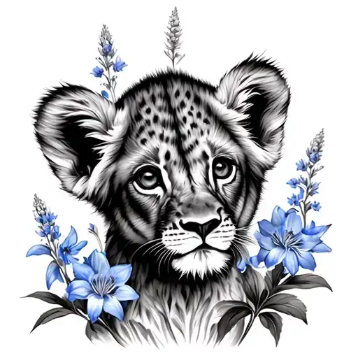 Baby Lion Cub Surround By Delphiniums