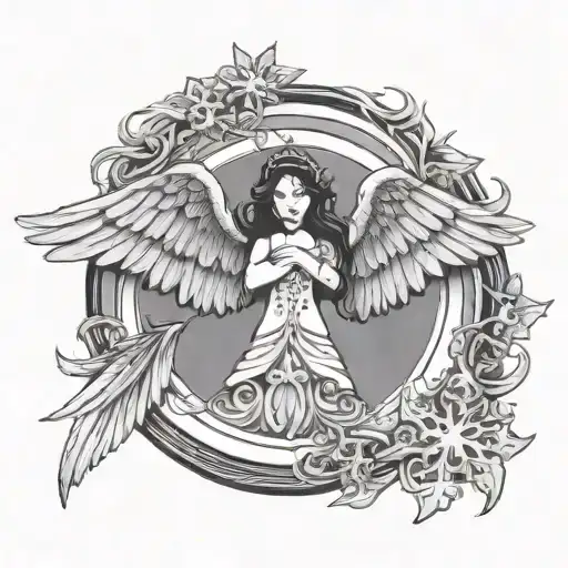 The Wings Of A Snow Angel With A Snowflake Betwen The Wings And An Angel Circle Above It