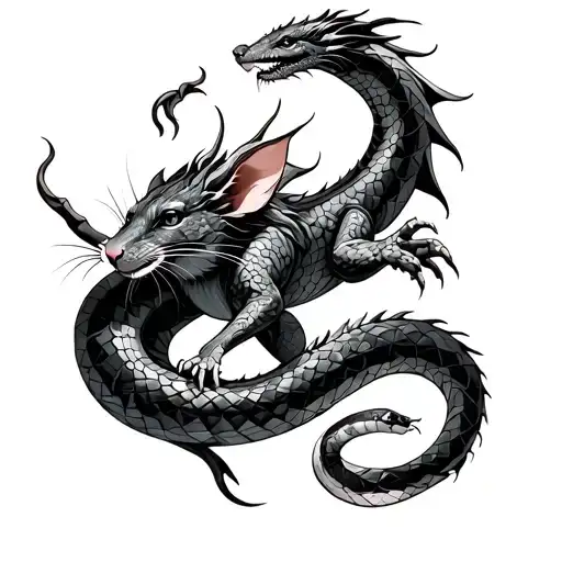 A Complex Geometric Dragon And A Detailed Rat Are Protecting To A Beautiful Unique Snake