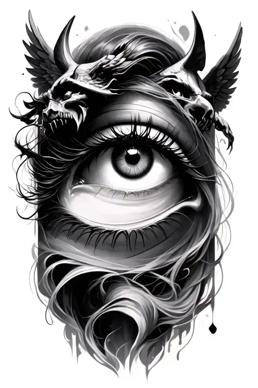 Woman Eye With Angels And Demons