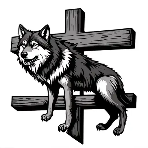 Wolf Standing On His Hind Legs With Front Paws On A Wooden Cross