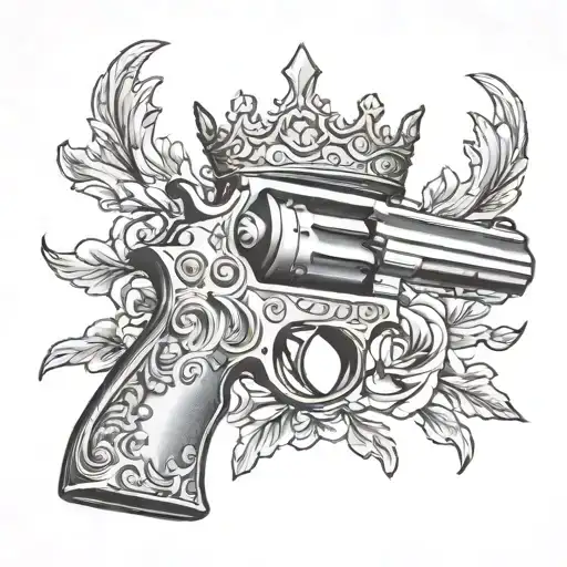 A Realistic Black And Grey Gun With A Crown As The Barrel