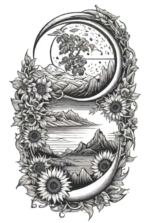 Crescent Moon With Sunflowers And Mountains Inside