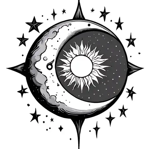 A Crescent Moon With A Sun In The Middle Of The Moon Crescent And Stars Around