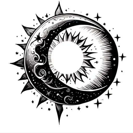 A Crescent Moon With A Sun In The Middle Of The Crescent Moon And The Stars Around Minimalist