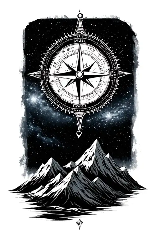 Compass Surrounded By Galaxy And Mountins