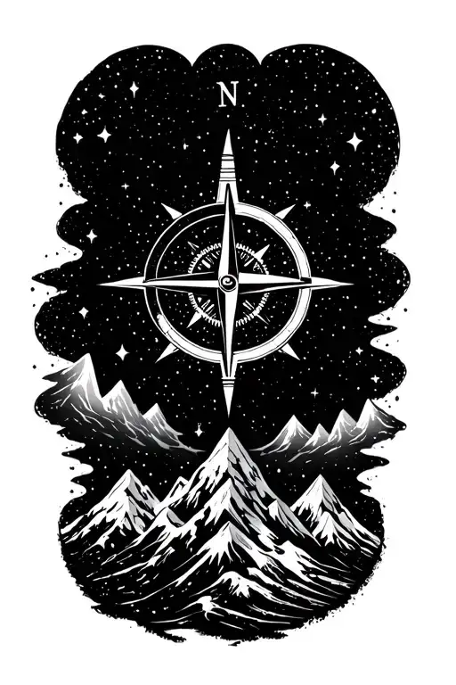 Compass Surrounded By Galaxy And Mountins
