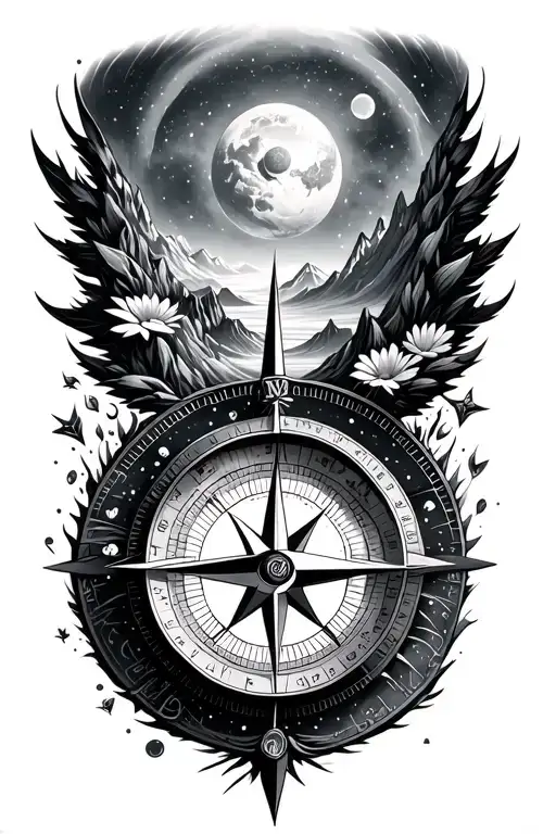 Compass Surrounded By Cosmos And Mountins