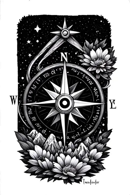 Compass Surrounded By Cosmos And Mountins