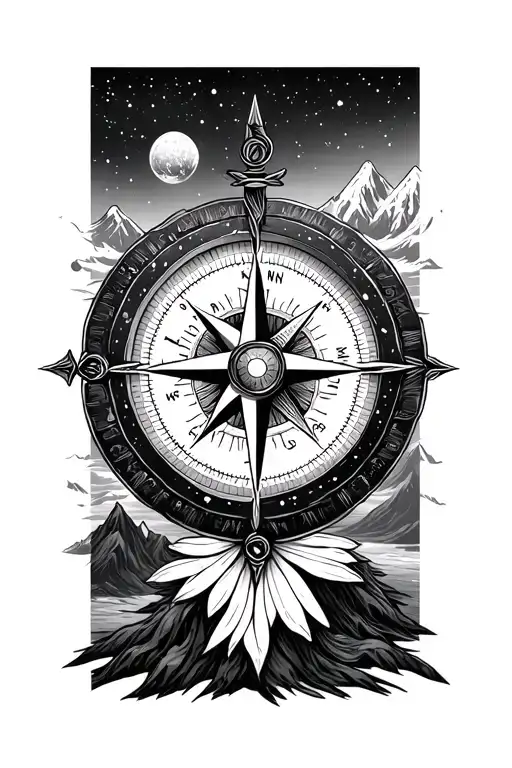 Compass Surrounded By Cosmos And Mountins