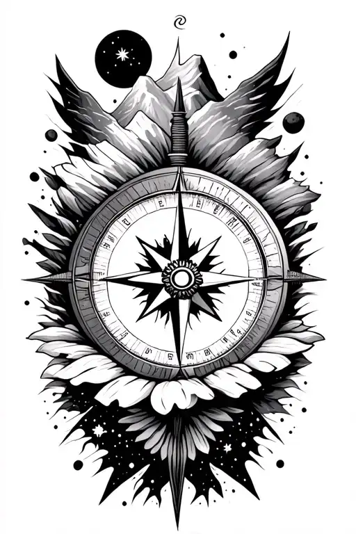 Compass Surrounded By Cosmos And Mountins