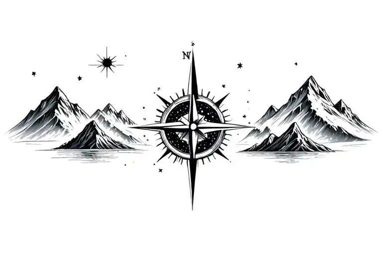 Compass Surrounded By Cosmos And Mountins