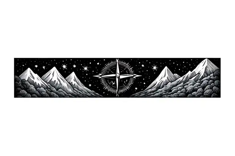 Compass Surrounded By Cosmos And Mountins