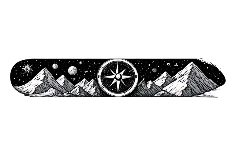 Compass Surrounded By Cosmos And Mountins